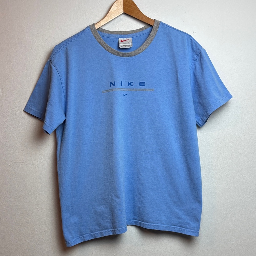 VTG 90s Nike Ringer T-shirt Light Blue Gray Collar XL White Tag Made In USA
